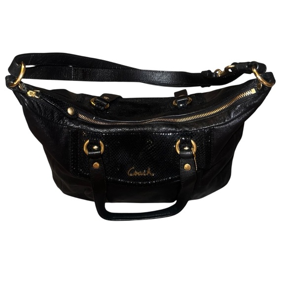 EUC Coach Vintage Black Leather Shoulder Bag with Gold Hardware Croc Detail - Picture 2 of 16
